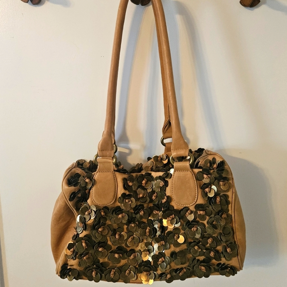 Leather Metal Flower‎ Satchel Shoulder Bag Copper Flowers Roomy Clean inside